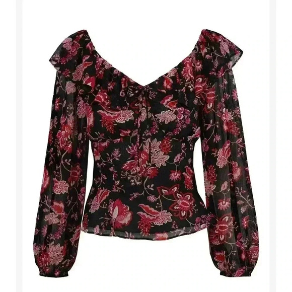 Jessica Simpson Blouse Top Large Sheer Floral Long‎ Sleeve Lined - Picture 1 of 9